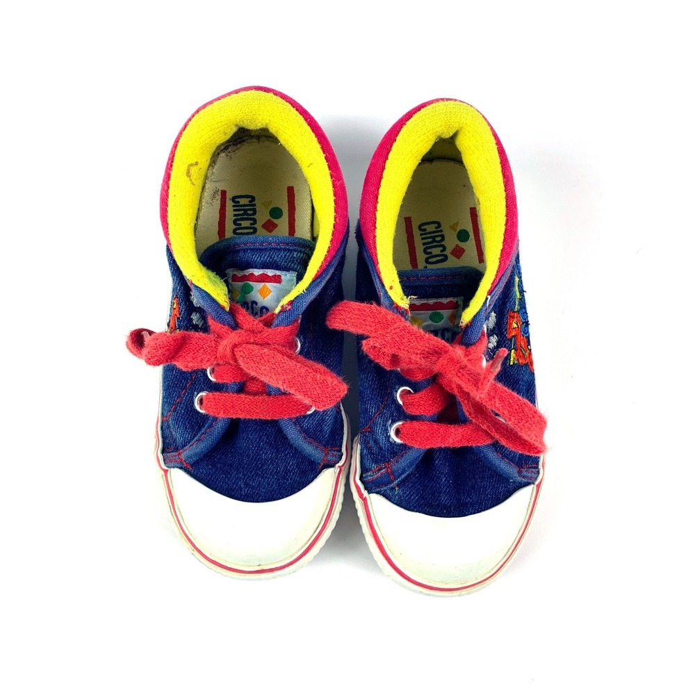 VTG Circo Denim Shoes Toddler 7.5 Embroidered Trains Primary Colors Blue Red